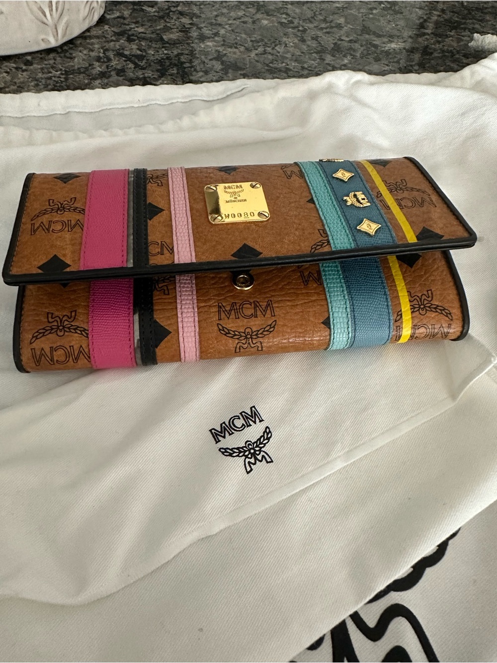 MCM Brown Multicolor Visetos Continental Wallet with Pink & Teal Stripes
